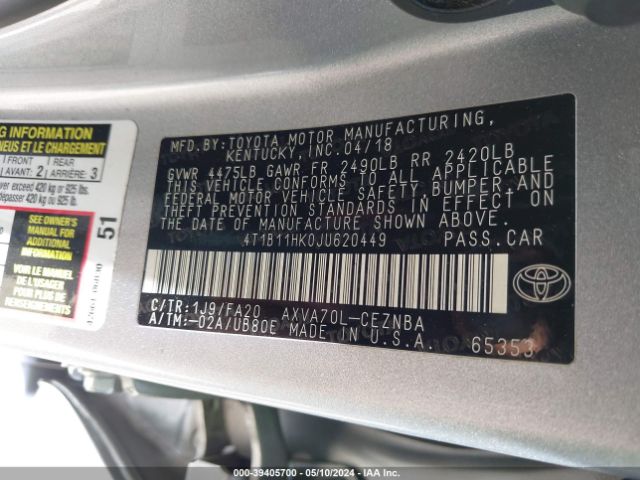 Photo 8 VIN: 4T1B11HK0JU620449 - TOYOTA CAMRY 