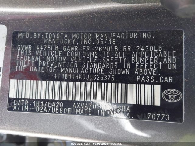 Photo 8 VIN: 4T1B11HK0JU625375 - TOYOTA CAMRY 