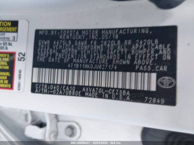 Photo 8 VIN: 4T1B11HK0JU627174 - TOYOTA CAMRY 