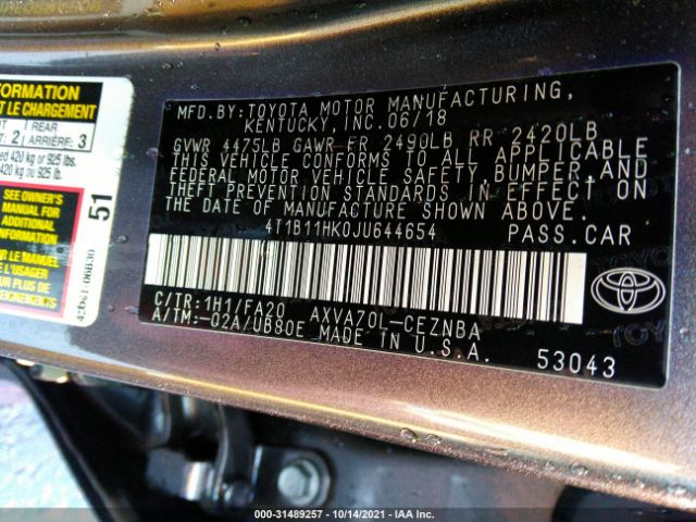 Photo 8 VIN: 4T1B11HK0JU644654 - TOYOTA CAMRY 