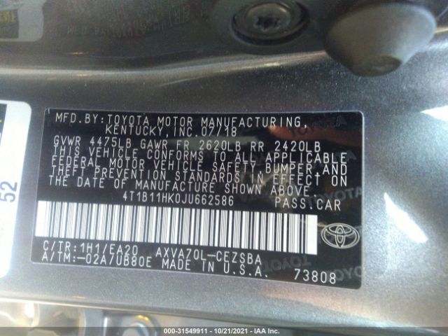 Photo 8 VIN: 4T1B11HK0JU662586 - TOYOTA CAMRY 