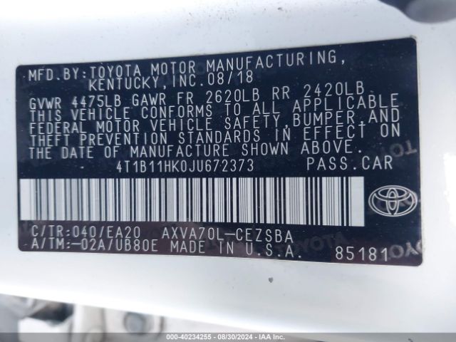 Photo 8 VIN: 4T1B11HK0JU672373 - TOYOTA CAMRY 