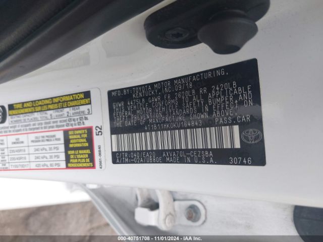 Photo 8 VIN: 4T1B11HK0KU164843 - TOYOTA CAMRY 