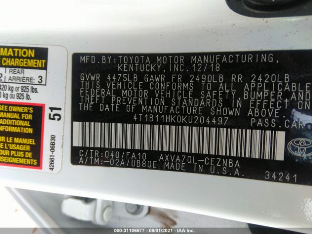 Photo 8 VIN: 4T1B11HK0KU204497 - TOYOTA CAMRY 