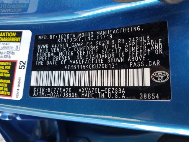 Photo 9 VIN: 4T1B11HK0KU208131 - TOYOTA CAMRY L 