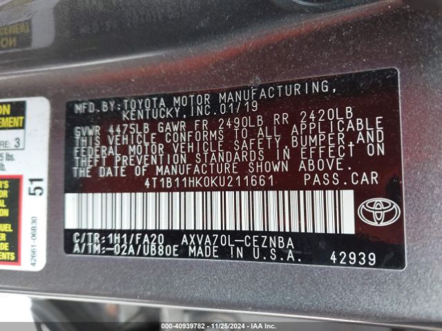 Photo 8 VIN: 4T1B11HK0KU211661 - TOYOTA CAMRY 