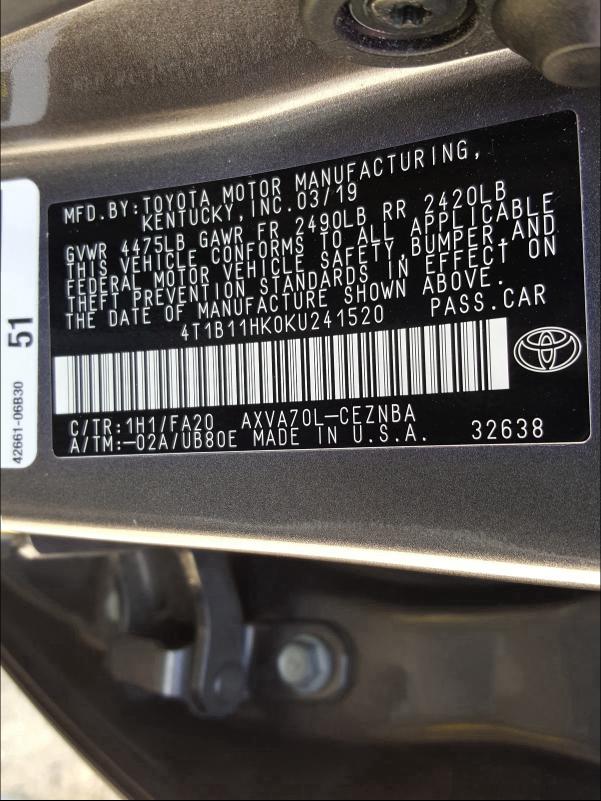 Photo 9 VIN: 4T1B11HK0KU241520 - TOYOTA CAMRY L 