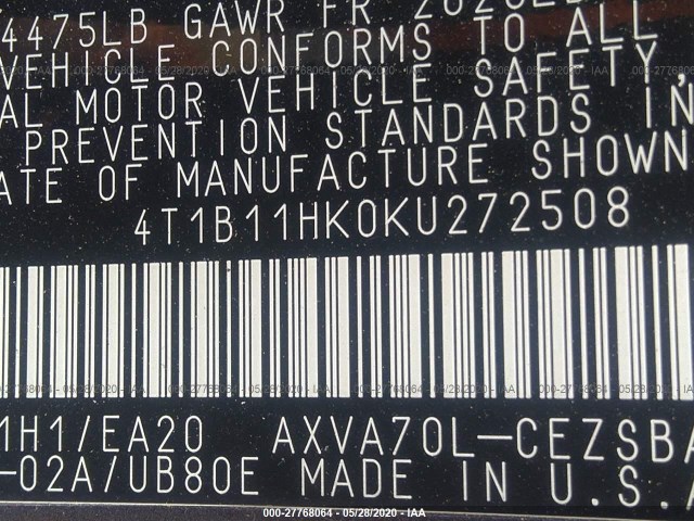 Photo 8 VIN: 4T1B11HK0KU272508 - TOYOTA CAMRY 