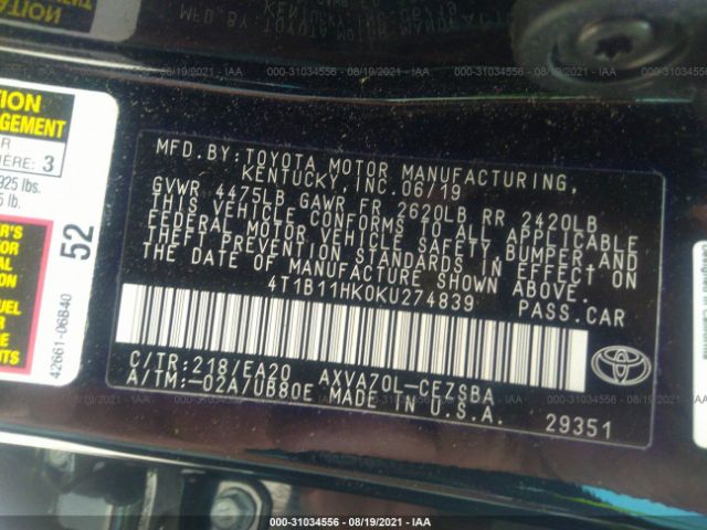 Photo 8 VIN: 4T1B11HK0KU274839 - TOYOTA CAMRY 