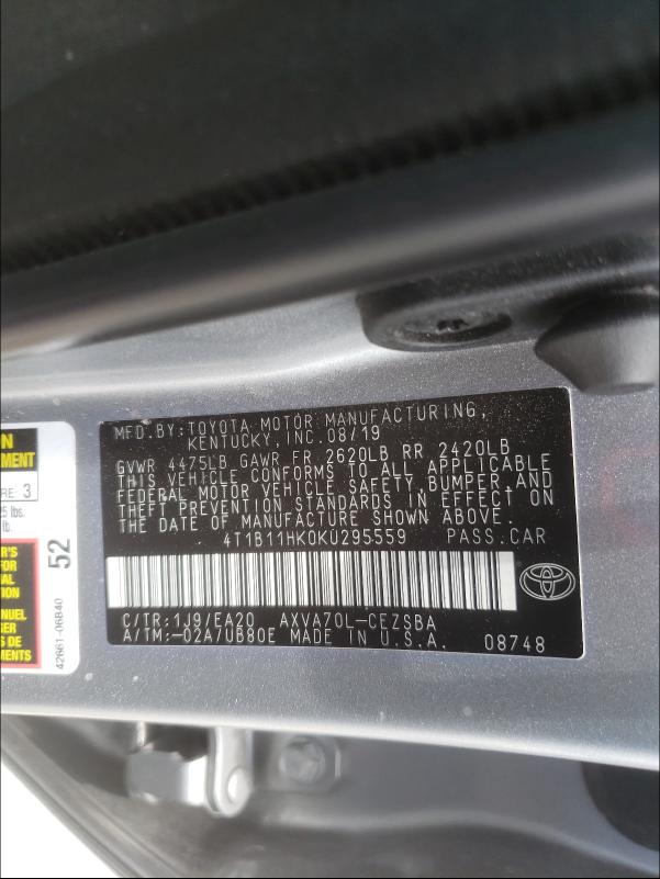 Photo 9 VIN: 4T1B11HK0KU295559 - TOYOTA CAMRY L 