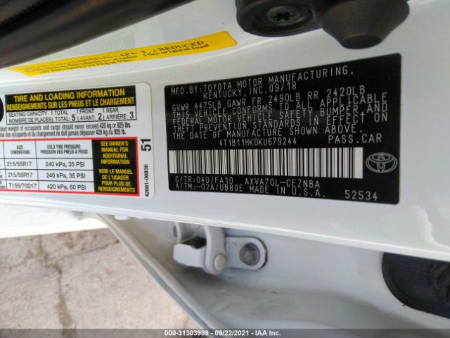 Photo 8 VIN: 4T1B11HK0KU679244 - TOYOTA CAMRY 