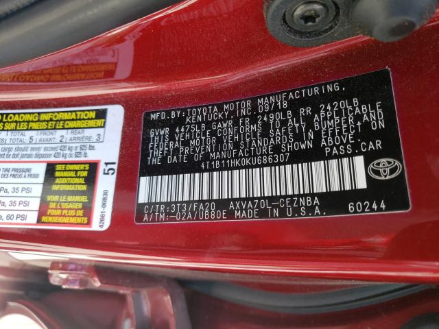 Photo 9 VIN: 4T1B11HK0KU686307 - TOYOTA CAMRY L 