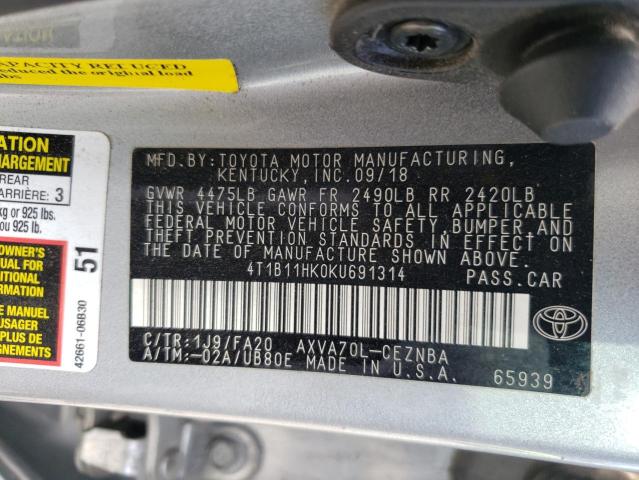 Photo 9 VIN: 4T1B11HK0KU691314 - TOYOTA CAMRY L 