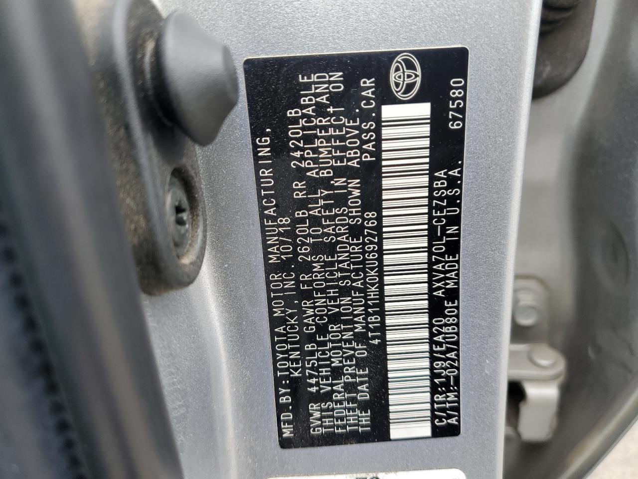 Photo 11 VIN: 4T1B11HK0KU692768 - TOYOTA CAMRY 