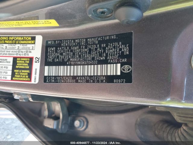 Photo 8 VIN: 4T1B11HK0KU704532 - TOYOTA CAMRY 