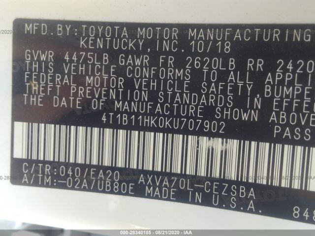 Photo 8 VIN: 4T1B11HK0KU707902 - TOYOTA CAMRY 