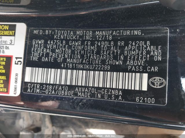 Photo 8 VIN: 4T1B11HK0KU722299 - TOYOTA CAMRY 