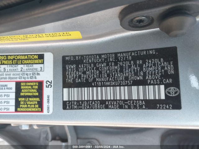 Photo 8 VIN: 4T1B11HK0KU730757 - TOYOTA CAMRY 