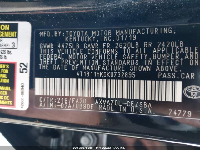 Photo 8 VIN: 4T1B11HK0KU732895 - TOYOTA CAMRY 