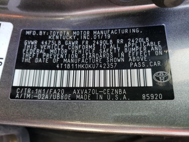 Photo 9 VIN: 4T1B11HK0KU742357 - TOYOTA CAMRY L 