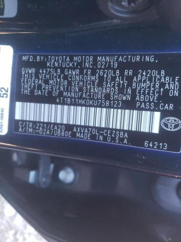 Photo 9 VIN: 4T1B11HK0KU758123 - TOYOTA CAMRY L 