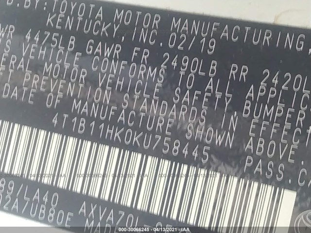 Photo 8 VIN: 4T1B11HK0KU758445 - TOYOTA CAMRY 