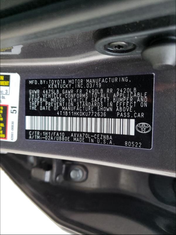 Photo 9 VIN: 4T1B11HK0KU772636 - TOYOTA CAMRY L 