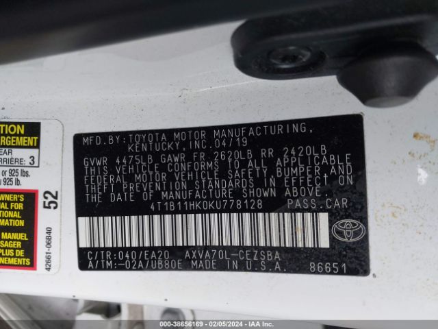 Photo 8 VIN: 4T1B11HK0KU778128 - TOYOTA CAMRY 