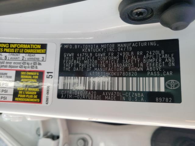 Photo 9 VIN: 4T1B11HK0KU780820 - TOYOTA CAMRY L 