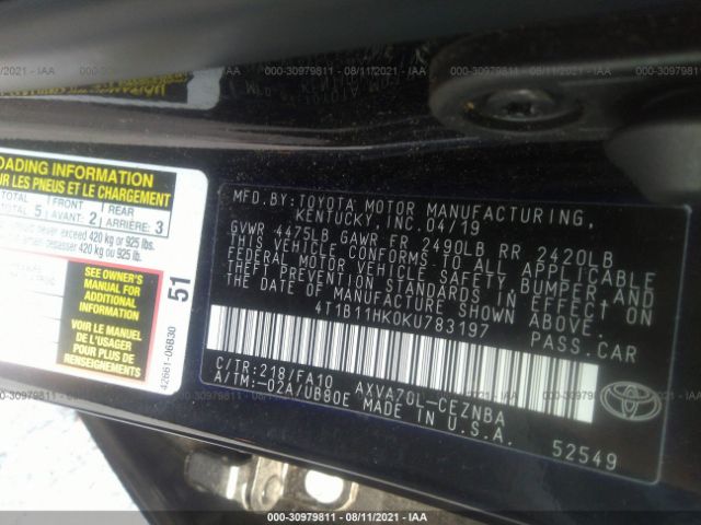 Photo 8 VIN: 4T1B11HK0KU783197 - TOYOTA CAMRY 