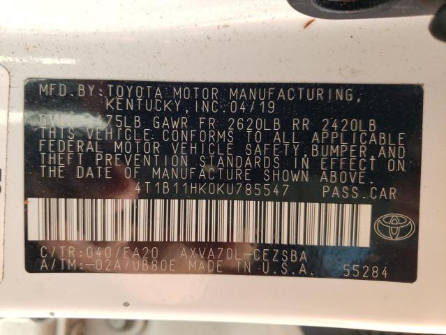 Photo 9 VIN: 4T1B11HK0KU785547 - TOYOTA CAMRY L 