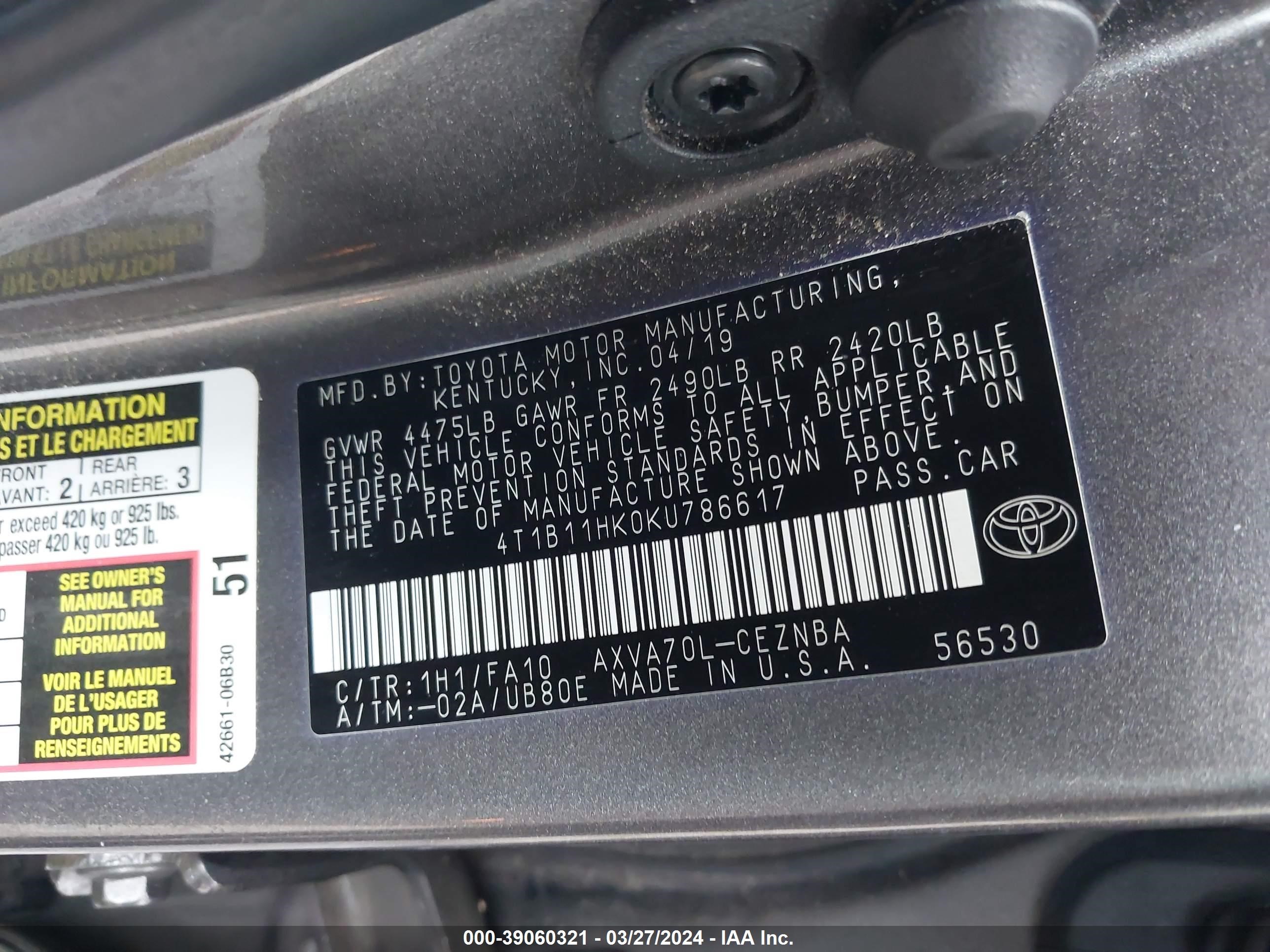 Photo 8 VIN: 4T1B11HK0KU786617 - TOYOTA CAMRY 