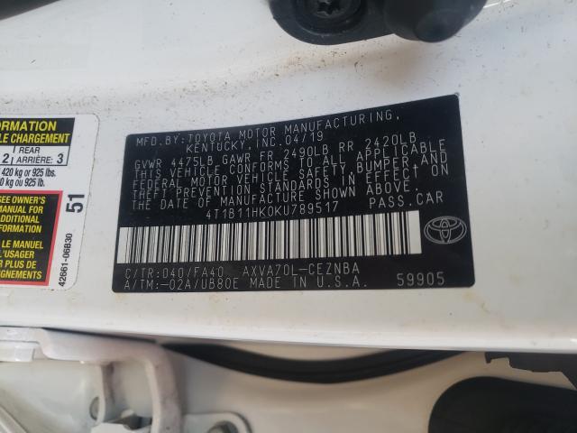 Photo 9 VIN: 4T1B11HK0KU789517 - TOYOTA CAMRY L 