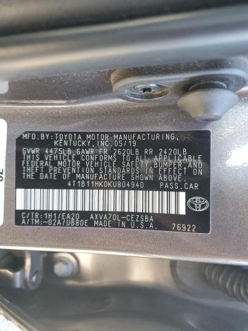 Photo 11 VIN: 4T1B11HK0KU804940 - TOYOTA CAMRY L 