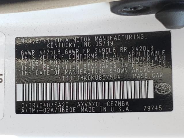 Photo 9 VIN: 4T1B11HK0KU807594 - TOYOTA CAMRY L 