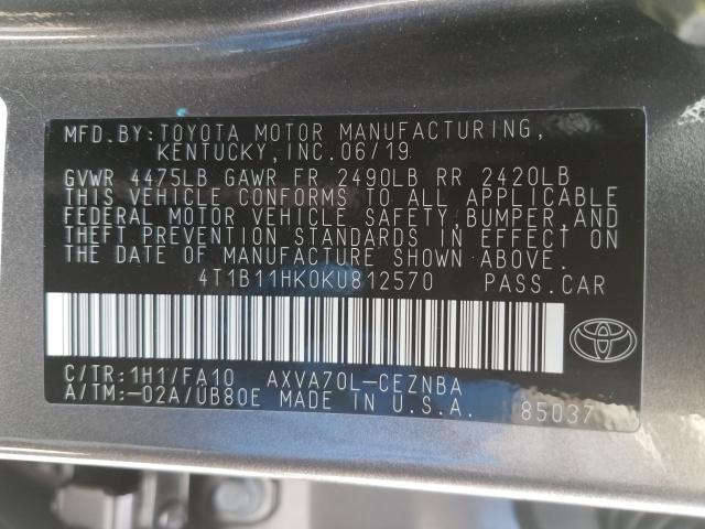 Photo 9 VIN: 4T1B11HK0KU812570 - TOYOTA CAMRY L 