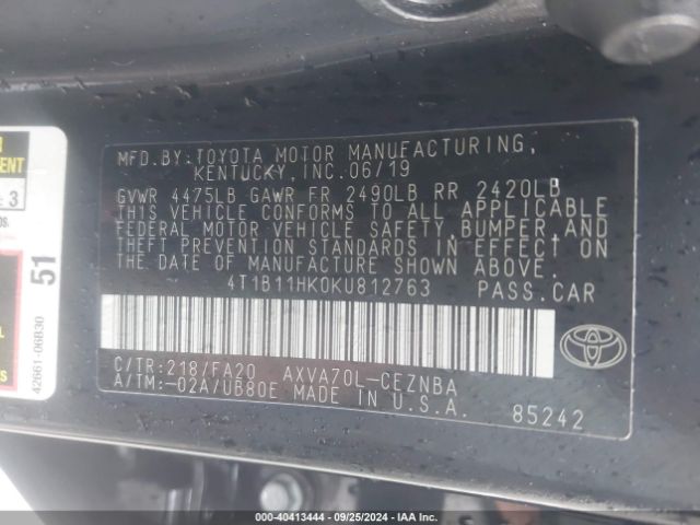 Photo 8 VIN: 4T1B11HK0KU812763 - TOYOTA CAMRY 