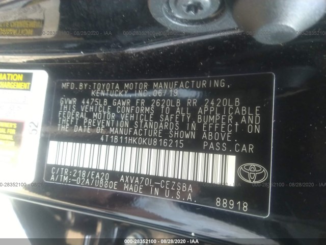 Photo 8 VIN: 4T1B11HK0KU816215 - TOYOTA CAMRY 