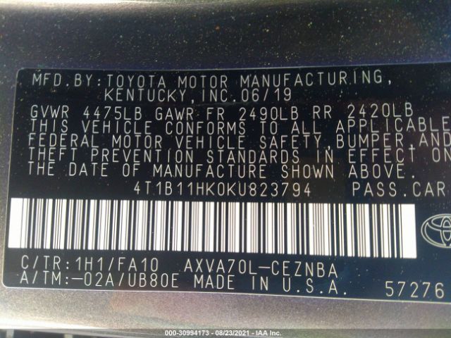 Photo 8 VIN: 4T1B11HK0KU823794 - TOYOTA CAMRY 