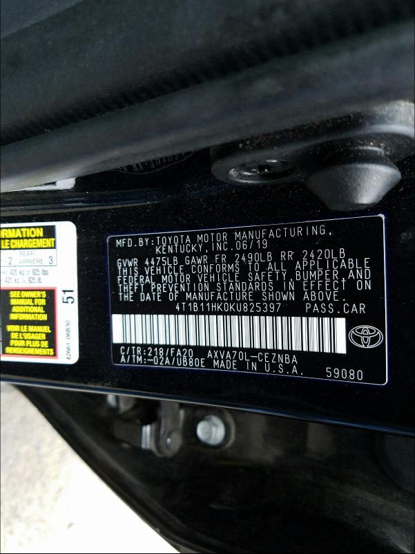 Photo 9 VIN: 4T1B11HK0KU825397 - TOYOTA CAMRY L 