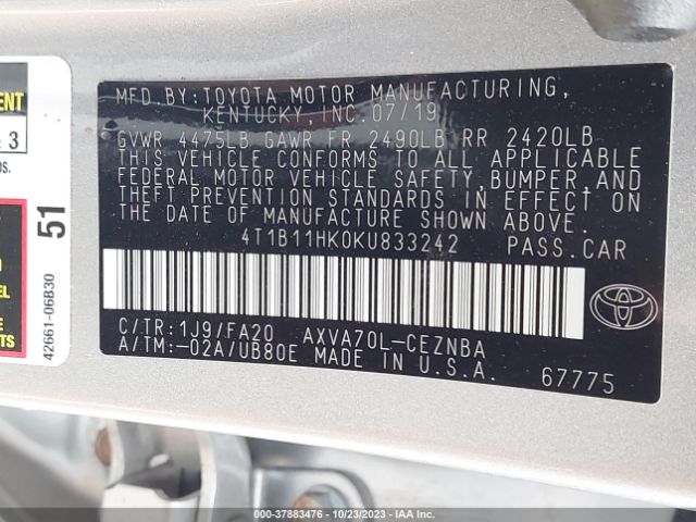 Photo 8 VIN: 4T1B11HK0KU833242 - TOYOTA CAMRY 