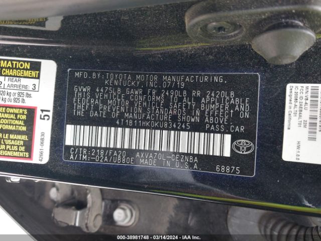 Photo 8 VIN: 4T1B11HK0KU834245 - TOYOTA CAMRY 