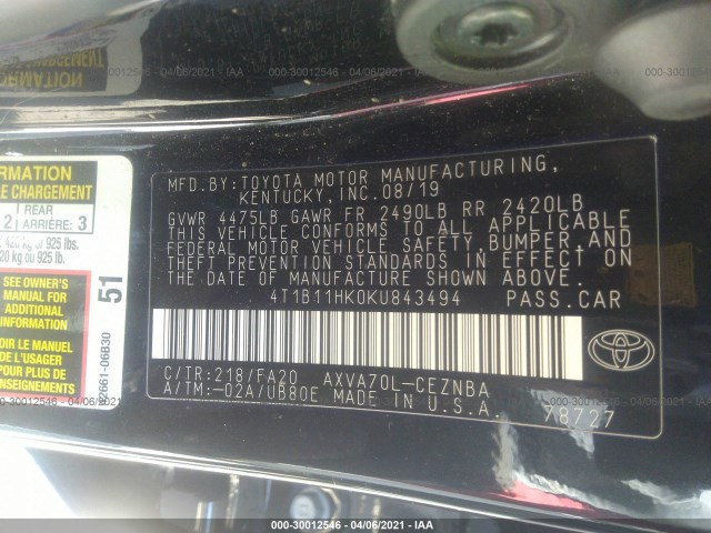 Photo 8 VIN: 4T1B11HK0KU843494 - TOYOTA CAMRY 