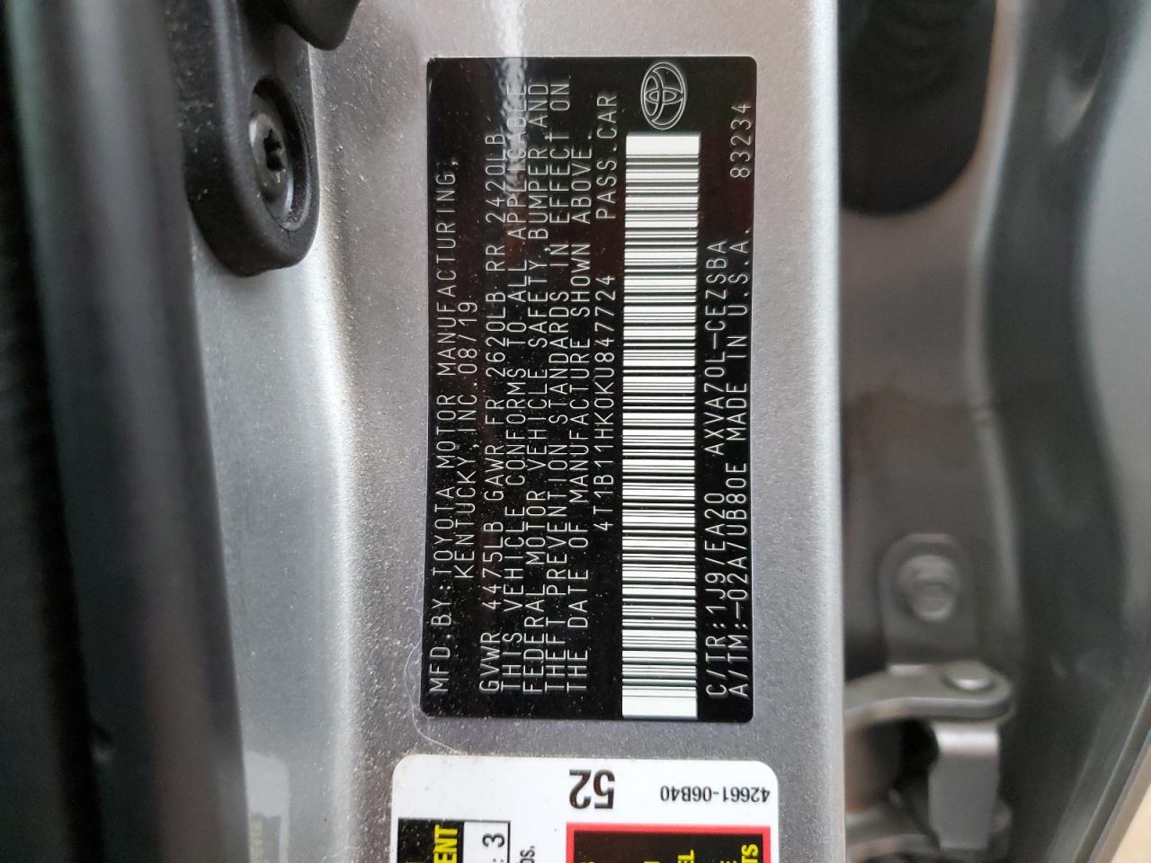 Photo 12 VIN: 4T1B11HK0KU847724 - TOYOTA CAMRY 