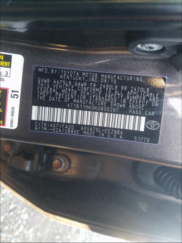 Photo 9 VIN: 4T1B11HK0KU855287 - TOYOTA CAMRY L 