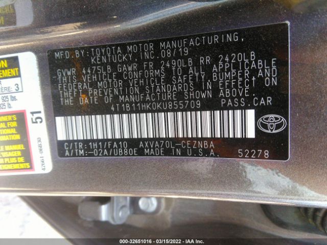 Photo 8 VIN: 4T1B11HK0KU855709 - TOYOTA CAMRY 