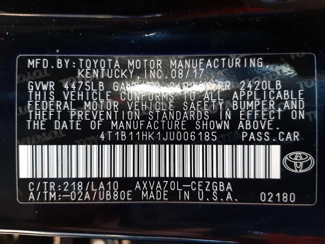 Photo 9 VIN: 4T1B11HK1JU006185 - TOYOTA CAMRY L 