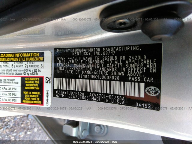 Photo 8 VIN: 4T1B11HK1JU007028 - TOYOTA CAMRY 