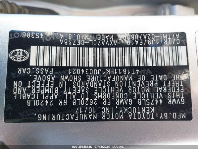 Photo 8 VIN: 4T1B11HK1JU034021 - TOYOTA CAMRY 