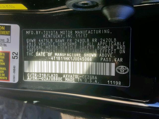 Photo 9 VIN: 4T1B11HK1JU045066 - TOYOTA CAMRY L 